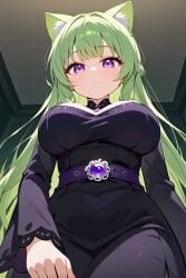 1boy 1female ai_generated big_breasts black_dress cat_ears cat_girl cat_tail cattle dress emerald_(flanofart) female flanofart green_hair looking_at_viewer looking_down nekomimi purple_eyes solo solo_female tagme