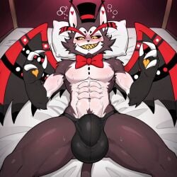 4_fingers abs ai_generated bed big_bulge black_fur black_sclera bowtie bulge bush claws eyebrows fur furry glowing_eyes gnarkmafu grinning_at_viewer hat hazbin_hotel heart_symbol husk_(hazbin_hotel) laying_on_back laying_on_bed legs legs_spread looking_at_viewer male_only muscles muscular muscular_anthro muscular_legs muscular_male pecs pectorals solo_male sweat sweating tail white_fur wings yellow_eyes yellow_teeth