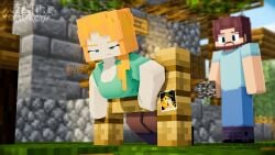 3d alex_(minecraft) arthur32 breasts clothed clothing minecraft steve_(minecraft) stuck stuck_in_fence tagme