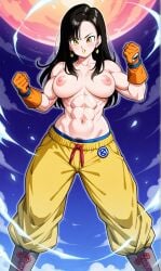 1girls abs ai_generated akira_toriyama_(style) belt belt_buckle black_hair canonical_outfit flying gloves kosineverse large_breasts light_skin long_hair muscular muscular_female nipples orange_gloves original original_character planet pubic_hair pubic_hair_peek serena_(kosine1777) superheroine toned toned_female topless yellow_eyes yellow_lipstick yellow_pants