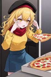 16:9 1female 1girls ai_generated beret blonde_hair flan_(flanofart) flanofart humor meme open_mouth orange_eyes pizza pizza_box scarf sfw solo solo_female tagme telekinesis