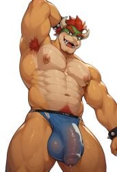 1boy anthro armpit_hair armpits balls big_penis blue_underwear bowser daddy dilf furry furry_only genitals horns huge_cock koopa large_penis male male_nipples male_only mario_(series) muscular muscular_anthro muscular_male nintendo nipples open_mouth penis reptile scalie solo solo_male super_mario_bros. sweat sweatdrop sweating transparent_background