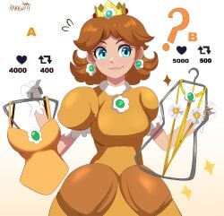 1girls absurd_res blue_eyes brown_hair crown dress earrings female female_only karbuitt mario_(series) nintendo princess_daisy slingshot_swimsuit solo strip_game swimsuit twitter_strip_game_(meme) white_background