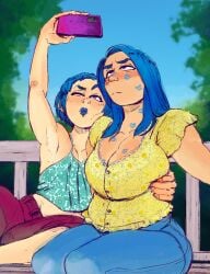 2girls age_difference arm_up armpits blue_hair blue_lipstick cleavage incest julesartstash lipstick lipstick_mark mother_and_daughter selfie taking_picture tank_top yuri