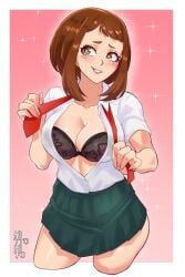 1girls big_breasts biting_lip black_bra blush bottomwear bra breasts brown_eyes brown_hair cleavage clothing female female_only green_skirt hair hito_clover lace lace-trimmed_bra lace_trim lips my_hero_academia nails necktie ochako_uraraka open_shirt shirt short_hair skirt solo solo_female topwear white_shirt