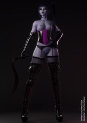 1girls 3d alternate_costume areolae breasts cat_o'_nine_tails dominatrix elbow_gloves female female_only garter_belt laced_boots looking_at_viewer mavixtious nipples overwatch pussy solo thigh_boots thighhighs whip widowmaker