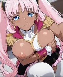 ai_generated areolae big_breasts blue_eyes catherine_sabathra code_geass dark-skinned_female dark_skin huge_breasts long_hair looking_at_viewer massive_breasts nipples pink_hair puffy_nipples sideboob solo_female squatting sweat sweatdrop thick_body thick_female twintails voluptuous voluptuous_female