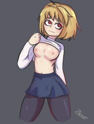 ahoge alternate_version_available arcueid_brunestud belly big_breasts blonde_hair blush breasts clothes_lift highres huge_breasts large_breasts lifting_shirt melty_blood nipples no_bra red_eyes short_hair solo stripping sweater sweater_lift tsukihime tummy turtleneck type-moon undressing vampire_girl zero_dead_zone