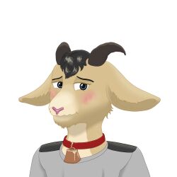 alexxtheta android anthro bell bell_collar blush collar digital_media_(artwork) faye_(kunblu) fur goat hi_res horn kunblu male male_focus male_only mammal red_collar solo story tan_fur