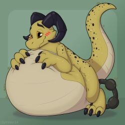 3_toes anthro belly belly_inflation blush feet hi_res horn inflation kobold orange_eyes scalie smile solo symrea toes toony yellow_body