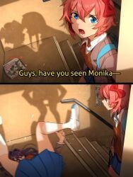 2024 2_panel_comic 3girls comic doki_doki_literature_club falling_down funny gun khyleri kissing manga_(object) meme natsuki_(doki_doki_literature_club) pink_hair pistol pistol_in_hand pulling_underwear purple_hair saliva_trail sayori_(doki_doki_literature_club) school_uniform schoolgirl shadow yuri yuri_(doki_doki_literature_club)