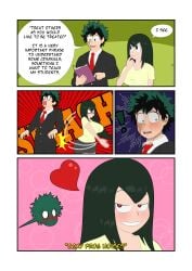 1boy 1girls angry ass_slap assertive_female asui_tsuyu bedroom_eyes big_breasts biting_own_lip black_eyes blush comic_page comic_panel embarrassed embarrassed_male english_text female funny green_eyes green_hair heart heart-shaped_pupils izuku_midoriya male male/female midoriya_izuku my_hero_academia scar scar_on_face seductive_look seductive_smile slap snakebd speech_bubble straight suggestive suit suit_and_tie suprised_look surprise_spanking surprised surprised_expression time_skip tsuyu_asui wide_hips