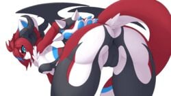 16:9 2019 4_fingers alpha_channel anthro ass ass_up bent_over blue_claws blue_eyes blue_fur blue_highlights blue_nose blue_pawpads breasts cameltoe claws clothed clothing domestic_cat dragon ears_up felid feline felis female fingers fur furred_dragon hair hair_highlights hi_res horn hybrid long_tail looking_at_viewer looking_back mammal partially_clothed partially_visible_vulva pata pawpads presenting presenting_hindquarters rear_view red_fur red_hair rosh_(moshiri) simple_background smile smiling_at_viewer snout solo spikes tail_aside torn_clothes transparent_background white_fur wings