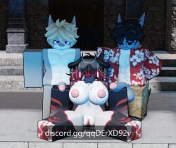 2boys 2boys1girl 2m1f 2male1female 3d 3d_model 3d_render black_hair blonde_hair blue_body blue_lighting breasts cock cum_on_breasts dick goggles goggles_on_head grey_body horns pussy red_fur roblox roblox_game roblox_studio shark shark_fin shark_girl shark_humanoid shark_tail sitting standing standing_behind threesome visible_nipples