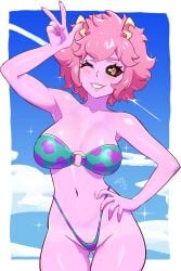 1girls big_breasts bikini bikini_bottom bikini_top black_sclera blush bottomwear breasts female female_only hair hand_on_hip hips hito_clover horns lips mina_ashido my_hero_academia nails one_eye_closed peace_sign pink_body pink_hair pink_skin side-tie_bikini smile solo solo_female swimwear topwear yellow_eyes