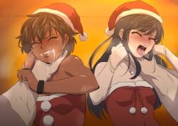 1boy 2girls christmas_outfit domestic_violence drooling female female_focus k_s male multiple_girls rap rapist_pov ryona straight strangling