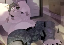 2024 angry anthro armpit_hair bear body_hair bottomwear breasts bulge captured clothed clothing detailed_background detailed_bulge epic_games eyewear fortnite fur ghostlymainfra1 headgear male male_only mammal moobs muscular nipples overweight overweight_anthro overweight_male pants polar_bear polar_patroller rope solo ursine white_body white_fur_tuft