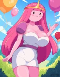 adventure_time big_breasts bluefrok breasts cleavage crown dress female female_only long_hair pink_hair pink_skin princess_bubblegum tagme tiara