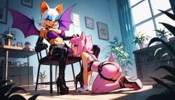 ai_generated amy_rose bat_wings blowjob closed_eyes leather_boots on_knees purple_dildo rouge_the_bat sitting_on_chair sleeves sonic_(series) sonic_the_hedgehog_(series) strap-on strap-on_fellatio