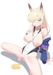 1girl absurdres angry animal_ear_fluff animal_ears arm_support armband armpit_crease ass_visible_through_thighs bar_censor bare_shoulders barefoot between_breasts blonde_hair blue_archive blue_eyes blue_jacket breasts breasts_apart breasts_out censored clenched_teeth clothes_between_breasts clothing_aside collarbone competition_swimsuit covered_navel dog_ears dog_girl dot_nose extra_ears female from_above groin hair_over_one_eye high_ponytail highleg highleg_one-piece_swimsuit highres inverted_nipples jacket kanna_(blue_archive) kanna_(swimsuit)_(blue_archive) large_breasts leaning_back light_areolae light_blush long_bangs long_hair looking_at_viewer multicolored_clothes multicolored_swimsuit nipples notched_ear off_shoulder official_alternate_costume one-piece_swimsuit one_eye_covered open_clothes open_jacket parted_bangs parted_lips pee_puddle peeing ponytail puddle purple_armband pussy rikuhito_juusan sharp_teeth short_eyebrows sidelocks simple_background skindentation solo spread_legs squatting sweat swimsuit swimsuit_aside teeth tiptoes two-sided_fabric two-sided_jacket urine v-shaped_eyebrows white_background white_one-piece_swimsuit