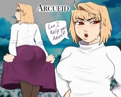 ahoge alternate_breast_size alternate_version_available arcueid_brunestud ass big_ass big_breasts big_lips blush bottom_heavy breasts breasts_bigger_than_head bubble_butt color curvy dialogue english_text healfrfr huge_ass huge_boobs huge_breasts large_ass large_boobs large_breasts melty_blood presenting_hindquarters short_hair skirt sweatdrop sweater sweating sweaty thick_ass thick_lips top_heavy tsukihime turtleneck_sweater vampire vampire_girl