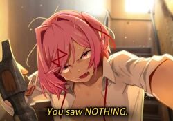 2024 angry blush blushing cleavage covered_nipples doki_doki_literature_club funny hammer hickey hickey_marks khyleri meme natsuki_(doki_doki_literature_club) page_2 pink_eyes pink_hair pov ribbon sayori_(doki_doki_literature_club) school state_of_undress sweat text threatening unbuttoned_shirt