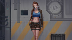 belt big_breasts blue_eyes braid braided_hair breasts brown_hair busty cleavage crop_top cyberpunk cyborg female firearm gun handgun handwear human jacket lara_croft lara_croft_(classic) navel outerwear pale_skin pistol short_shorts thigh_holster tomb_raider triplehex weapon wide_hips