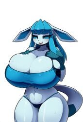 ai_generated anthro anthrofied big_breasts blue_body blue_eyes blue_fur blush bodily_fluids bra breasts cleavage clothed clothing curvy_figure eeveelution female generation_4_pokemon glaceon hair hellsonger hi_res huge_breasts mammal navel nintendo open_mouth panties pokemon pokemon_(species) pokemorph simple_background solo standing sweat thick_thighs topwear underwear white_background wide_hips