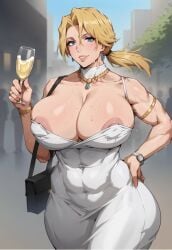 1girls abs ai_generated blonde_hair blue_eyes champagne dress female goth huge_ass huge_breasts jewelry kunaboto_(style) ponytail purse thick_thighs