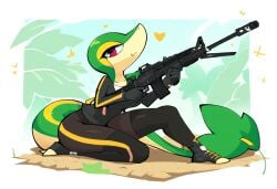 absurd_res ai_generated anthro breasts clothed clothing female footwear green_body gun heart hellsonger hi_res holding_gun holding_object holding_weapon legwear nintendo plant pokemon pokemon_(species) ranged_weapon red_eyes reptile rifle scalie smile snake sniper_rifle snivy solo weapon