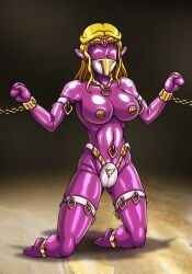 1girls ankle_cuffs anklet bicep_strap blonde_hair brainwashed breasts chastity chastity_belt collar cuffs dildo_gag dollification eyeless_female eyes_covered facemask female female_chastity female_only gold_(metal) gold_chain gold_collar gold_cuffs gold_jewelry gold_nipples gold_shackles hylian hylian_ears latex mitten_hands navel_piercing navel_ring nintendo nipple_caps ocarina_of_time oral_penetration part_of_a_set pink_eyes plug_(sex_toy) plug_insertion pointy_ears princess_zelda purple_latex re-maker remaker sex_doll sex_doll_holes sex_doll_transformation shackles the_legend_of_zelda thigh_strap transformation vaginal_insertion vaginal_plug zelda_(ocarina_of_time)