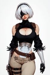 ai_generated belt blindfold boob_window cleavage cosplay khakis massive_breasts nier:_automata saucy_trove stable_diffusion tagme white_hair yorha_2b