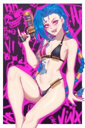 1girls ammo_belt bikini bikini_bottom bikini_top blue_hair blue_nail_polish blue_nails blush bottomwear braid braided_hair breasts bullet female female_only gun hair hips hito_clover holding_weapon jinx_(league_of_legends) league_of_legends lips nail_polish nails pink_eyes pink_nail_polish pink_nails small_breasts solo solo_female swimwear tattoo tattoo_on_stomach tattooed_arm tattoos thighs tongue tongue_out topwear