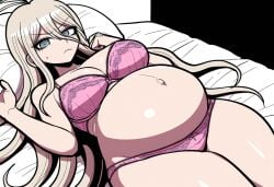 1girls ai_generated bed big_breasts bra danganronpa danganronpa_v3 iruma_miu large_breasts looking_at_viewer novelai panties pregnant solo_female thick_thighs