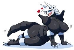 aggron ai_generated anthro anthrofied armor big_breasts blue_eyes blush bodily_fluids breasts claws clothing female generation_3_pokemon genital_fluids genitals heart hellsonger hi_res horn huge_breasts nintendo open_mouth pokemon pokemon_(species) pokemorph pussy pussy_juice simple_background solo white_background