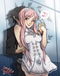 ass_out clothed_sex cum_down_leg cum_in_clothes dress fate/grand_order fujimaru_ritsuka_(male) green_eyes hairband hetero holding_hands indoors lace legendsnjk long_hair looking_at_partner medb_(fate) nipples_bulge pink_hair smiling thigh_sex white_dress