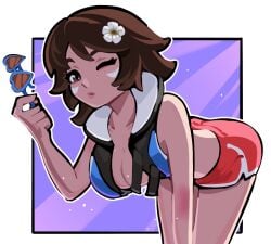 beach blizzard_entertainment blowing_kiss brown_eyes brown_hair d.va hana_song looking_at_viewer overwatch overwatch_2 provocative seductive selvish94 swimsuit