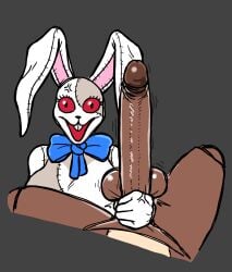 anthro balls big_balls big_breasts big_penis black_nose blue_bow_tie bow_tie breasts buckteeth cbt clothing costume cross-popping_vein dark_body dark_skin duo eyelashes female first_person_view five_nights_at_freddy's genitals glistening glistening_eyes grey_background gripping_penis hi_res huge_cock human humanoid_genitalia humanoid_penis interracial lagomorph leporid long_ears looking_at_viewer male mammal nsfwoaf open_mouth open_smile penis pink_inner_ear rabbit red_sclera scottgames simple_background smile stitch_(sewing) teeth vanny_(fnaf) white_body white_ears