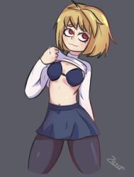 ahoge alternate_version_available arcueid_brunestud belly big_breasts blonde_hair blush bra breasts clothes_lift highres huge_breasts large_breasts lifting_shirt melty_blood red_eyes short_hair solo stripping sweater sweater_lift tsukihime tummy turtleneck type-moon undressing vampire_girl zero_dead_zone