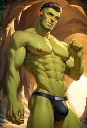 abs ai_generated biceps black_hair blush gay green_skin jockstrap jockstrap_only looking_at_viewer male male_only muscular muscular_male nude_male orc orc_male original original_character smile toned_body toned_male twall97 undercut