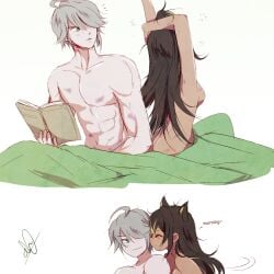 1boy 1girls after_sex alhaitham_(genshin_impact) book dehya_(genshin_impact) female genshin_impact green_eyes grey_hair hickey hickey_marks long_hair male male/female morning morning_after nude shirtless straight stretching topless