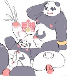 2019 alp_(tokyo_afterschool_summoners) anal anal_sex anthro anus ass balls belly big_dick_day bodily_fluids censored closed_eyes cum ejaculation erection genital_fluids giant_panda hi_res humanoid_penis japanese_text male male/male mammal moobs nipples overweight overweight_male penetration penis s_ouo sex text tokyo_afterschool_summoners ursid video_games