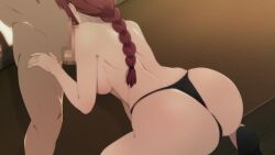 1boy ass back backboob black_footwear black_panties braid braided_ponytail breasts censored chainsaw_man commentary_request dutch_angle fellatio female highres kneeling large_breasts makima_(chainsaw_man) mosaic_censoring oral panties penis red_hair single_braid solo_focus straight topless toraya_(doujintraya) underwear underwear_only