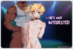 blonde_hair choker club cockblock comic completely_nude femboy feminine_male interracial nightclub original_character schwarzart simple_background size_difference text trap twink yaoi