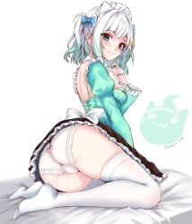 artist_name blue_eyes indie_virtual_youtuber looking_at_viewer maid maid_headdress maid_uniform mint_fantome on_bed panties short_hair virtual_youtuber white_hair white_panties