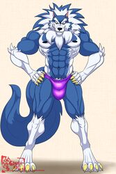 2019 4_toes 5_fingers abs anthro biceps biped black_nose blue_fur blue_hair blue_skin bulge canid canine canis capcom claws clothed clothing darkstalkers eyebrows fingers fur gallon gloves_(marking) hair hands_on_hips hi_res hungothenomster jon_talbain leg_markings looking_down looking_down_at_viewer male male_only mammal mane markings multicolored_fur multicolored_hair multicolored_skin muscular muscular_male muscular_thighs nipples pecs pubes pubic_hair simple_background socks_(marking) solo standing tight_underwear toes topless two_tone_fur two_tone_hair two_tone_skin underwear vampire_savior video_games were werecanid werecanine werewolf white_fur white_hair white_skin wolf yellow_eyes