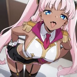 ai_generated areolae bare_legs big_breasts blue_eyes catherine_sabathra code_geass dark-skinned_female dark_skin huge_breasts huge_thighs long_hair looking_at_viewer massive_breasts nipples pink_hair puffy_nipples sideboob solo_female squatting sweat sweatdrop thick_female thick_thighs thighs tongue_out twintails voluptuous voluptuous_female