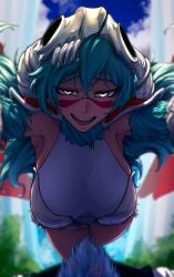 1boy 1girls absurdres anger_vein angry armor arrancar big_breasts bleach bleach:_sennen_kessen-hen blue_hair blurry blurry_background breasts elbow_gloves facial_mark female gloves green_hair grimmjow_jaegerjaquez hair_between_eyes hair_ornament happy highres incoming_hug jumping long_hair looking_at_viewer nelliel_tu_odelschwanck scar scar_on_face scar_on_forehead short_hair shoulder_armor skull_hair_ornament sleeveless smile solo_focus tettora yellow_eyes