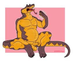 anthro balls belly bodily_fluids breath erection fangs fanning fanning_self foreskin forked_tongue fupa genitals hi_res male nude panting penis reptile scalie snake solo sweat tail teeth tongue yamatopawa