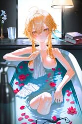 absurd_res ai_generated bath bathroom blush breasts flower genshin_impact half_naked lumine_(genshin_impact) ministro no_panties shy water wet